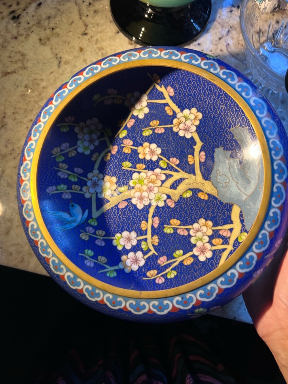 Vintage Blue and Gold Cloisonné Floral Bowl Like New